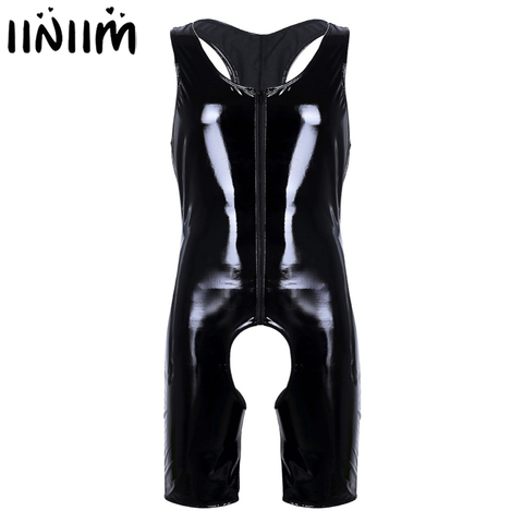 Mens Lingerie Latex Catsuit Gay Patent Leather Sexy Bodysuit Wetlook with Zipper Sissy Crotchless Cut Out Leotard Body Stocking ► Photo 1/6
