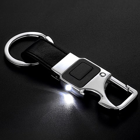 BOYULIGE 2022 Men Metal Keychain Business Style Black Leather LED Light Opener Multi-function Car Bag Key chain for Men Keyring ► Photo 1/6