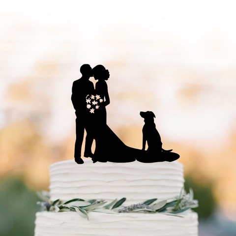 Mr and Mrs Wedding Cake Topper, Groom kissing brides forehead with dog silhouette Cake topper , funny wedding cake topper decor ► Photo 1/2