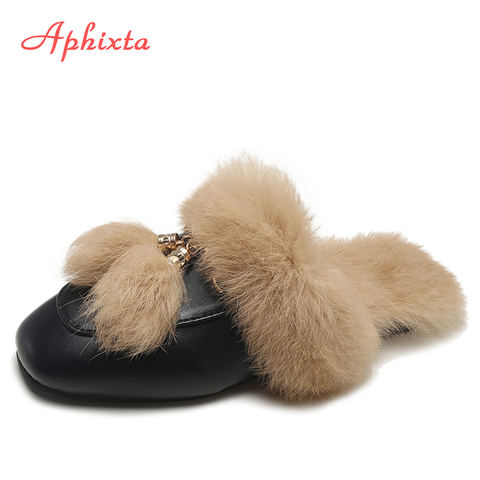 Aphixta Real Fur Slippers Shoes Woman 2022 Mules Women's Furry Slippers Winter Warm Women Shoes Fashion Slippers Rabbit Hair ► Photo 1/6
