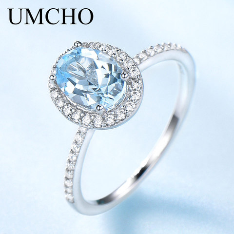 UMCHO Luxury Created Oval Sky Blue Topaz Rings Real 925 Sterling Silver Wedding Band Rings For Women Cocktail Fine Jewelry ► Photo 1/6