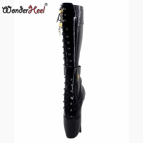 Wonderheel ultra high heel 18cm stilleto heel black patent women knee high ballet boots sexy fetish fashion shoes with padlocks ► Photo 1/1