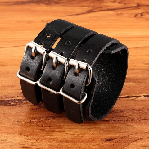 TYO Classic Men's Boys Adjustable Genuine Leather Cuff Bracelet Punk Rock Jewelry Black/Brown Three Layers Watch Bangles ► Photo 1/6
