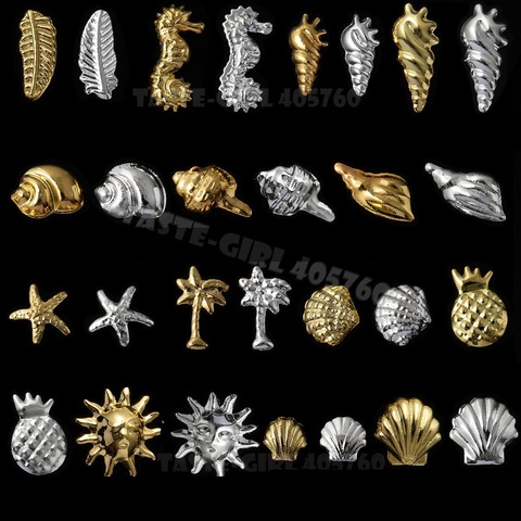 100PCS/PACK Silver Gold 3D Ocean Marine Life Seashell Starfish Snail hippocampi Feather Metallic Studs Nail Art Rivet Decoration ► Photo 1/6