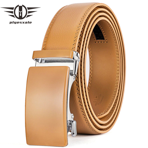Plyesxale Genuine Leather Belt Men High Quality Ratchet Dress Belt With Automatic Buckle Blue Red Light Brown Mens Belts B36 ► Photo 1/6