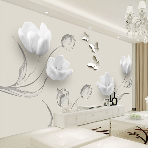 3D Wallpaper Modern Tulip Butterfly Flowers Photo Wall Murals Living Room TV Sofa Background Wall Cloth Eco-Friendly Wall Papers ► Photo 1/6
