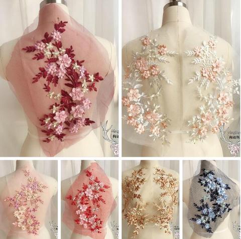 1 Piece 38*22cm exquisite pearl beaded 3d flower lace applique embroidery mesh sewing floral fabric trim for evening dress cloth ► Photo 1/6