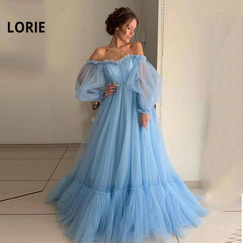 LORIE Blue Prom Dresses Long Sleeve Off the Shoulder Princess Dress 2022 Tulle Lace-up Formal Evening Party Dresses Plus Size ► Photo 1/6