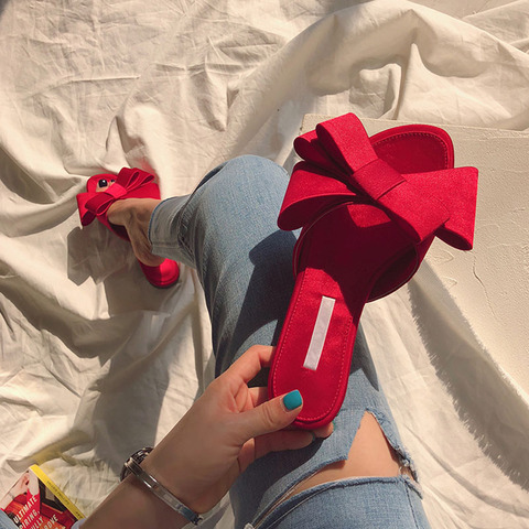 Wearing flat slippers women's shoes 2022 Korean version of the summer new large bow satin round head sandals Wild half slippers ► Photo 1/6
