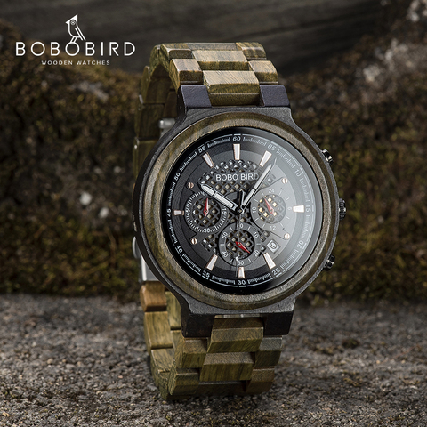 BOBO BIRD Green Sandalwood Wooden Watch Men Timepieces Chronograph Quartz Watches Ultra-Light relogio masculino Great Gifts ► Photo 1/6