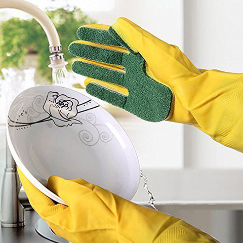 1 Pair Gloves Kitchen Cleaning Glove Dish washing Reusable Scouring Pad Sponge Finger Latex Gloves 25 ► Photo 1/1