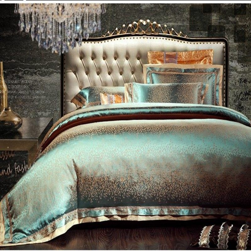 6pcs Green Jacquard Satin Bedding Set, King Satin Bed Sheets