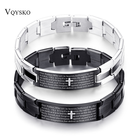VQYSKO Cross Pattern Stainless Steel Bracelet In Black Color Scripture Religious Bangle Bracelets for Men ► Photo 1/6