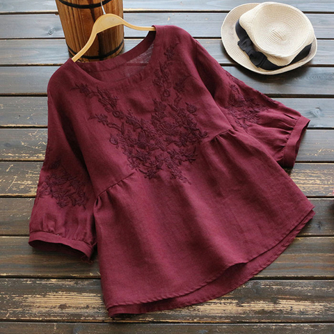 Blouse Women Plus size Tunic Cotton Embroidery Blouse Shirts Ladies Tops O neck Casual ► Photo 1/5