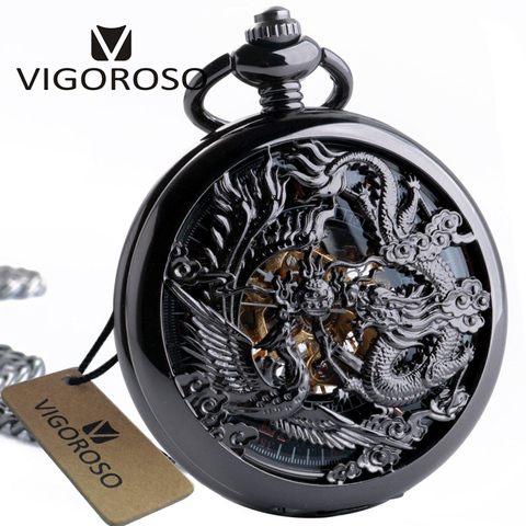 Vintage Classic Steampunk Skeleton Black Alloy Chinses Flying Dragon&Phoenix Mechanical Hand Wind Pocket Watch FOB Chain Clock ► Photo 1/6