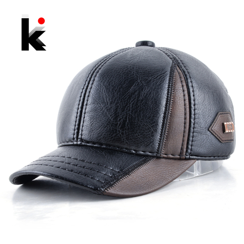 Mens winter leather cap warm patchwork dad hat baseball caps with ear flaps russia adjustable snapback hats for men casquette ► Photo 1/6