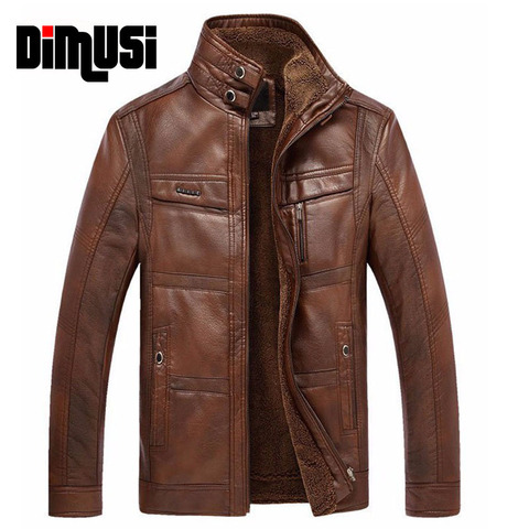 DIMUSI Leather Jacket Men Winter Leanther Jacket Solid Thick Coat Male Thermal Fleece Casual Stand Collar Clothing 5XL,YA512 ► Photo 1/6