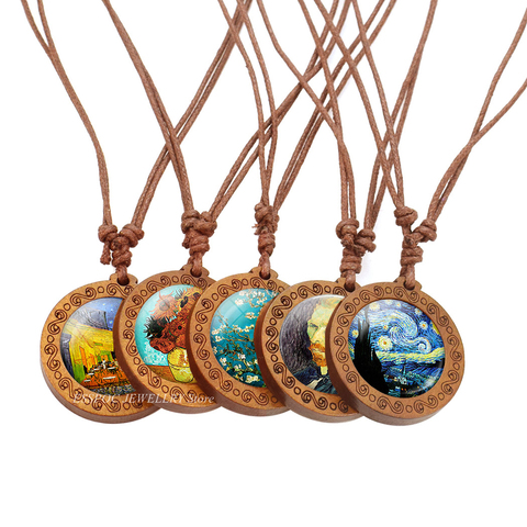 Van Gogh Art Oil Painting Wooden Necklace Glass Cabochon Jewelry Fashion Starry Night Sunflower Wood Pendant Men Women Gift ► Photo 1/6