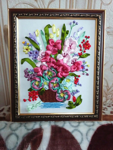 Flower vase basket set Ribbon embroidery kit stain silk belt painting handcraft kit DIY handmade needlework art home decor plus ► Photo 1/6