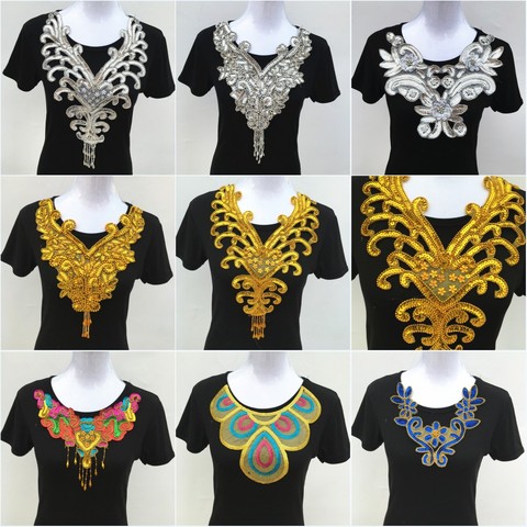1pc Gold/Silver Beads Sequins Flower Lace Neckline Collar Sewing-On Embroidery Appliques For Dance Costumes Cloth Accessories ► Photo 1/6