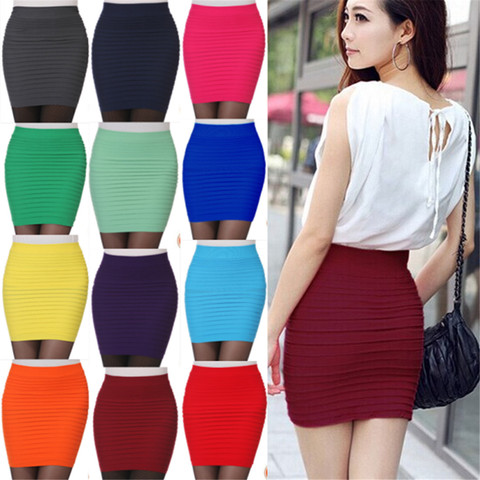 Elastic Pleated Skirt High Waist Bodycon Mini Skirt Business Office Cheap Short Pencil Skirts Solid Color Pink Black Blue Hot ► Photo 1/6