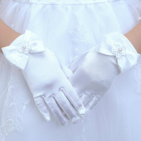 Lovely Elastic Girl Etiquette Performance Gloves Satin Pearl Flower Lace Bow Gloves Short Children Princess Dance Glove L44 ► Photo 1/5