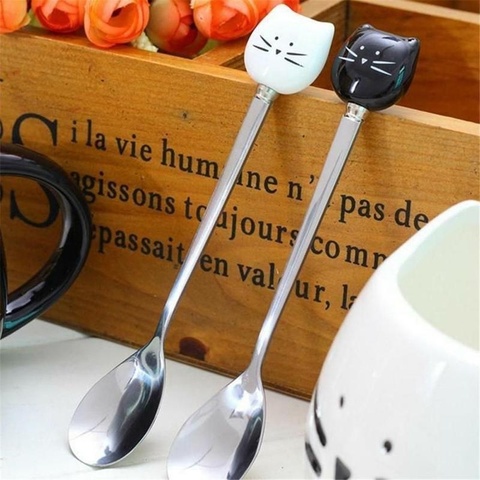 1PC Cat Ceramic Spoons Stainless Steel Cartoon Ice Cream Sugar Tea Dessert Spoon ► Photo 1/6