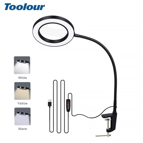 Toolour USB 5X Magnifying Glass LED LightTable Clamp Flexible Arm Large Lens Desk Lamp for Reading Working Illumination Tool ► Photo 1/6