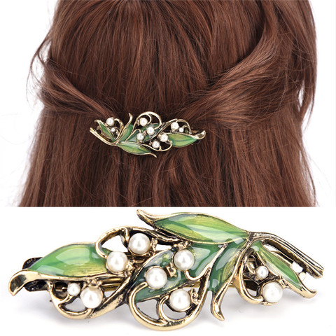 Fashion Women Retro Enamel Leaf Barrettes Ancient Bronze  Alloy Hairpin Girls Folwer Hair Clip Pearl Hair Accessories ► Photo 1/6