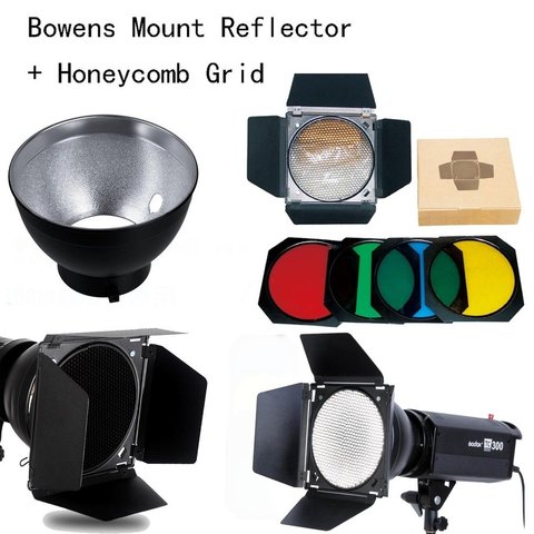 Godox Bowens Mount Reflector for Studio Flash + BD-04 Barn Door Honeycomb Grid + 4 color Filter ► Photo 1/1