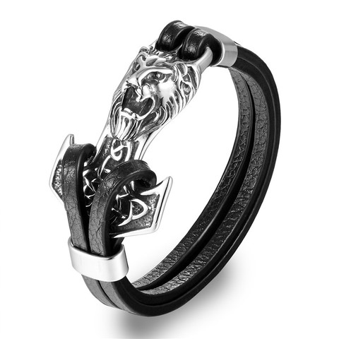 MKENDN High Quality Men Bracelets Stainless Steel Anchor Lion Shackles Leather Bracelet Men Wristband Fashion Jewelry Pulseras ► Photo 1/6