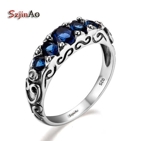 Szjinao Women Art Deco Ring 925 Sterling Silver Blue Sapphire Rings Gemstones September Birthstone Wedding  Engagement Party ► Photo 1/6