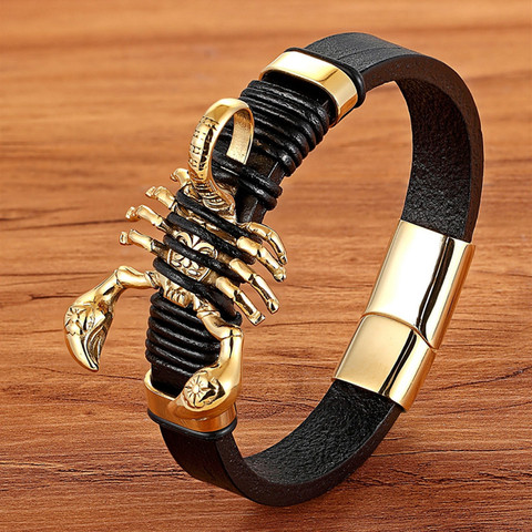 TYO Brand Punk Men's Natural Leather Stainless Steel Gold Scorpion Charm Bracelet Fashion New Design Cuff Bangle Gifts ► Photo 1/6