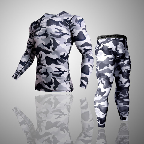 2 Piece Tracksuit Men Compression MMA Long sleeve t shirt Rashgard kit Camouflage  Sweatshirt+leggings Fitness Thermal underwear ► Photo 1/6