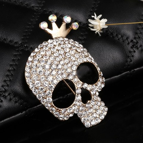 Hesiod Cute Skull Brooch Charms Gold Color Full Crystal Skeleton Pins Brooch Crown Rhinestone Corsage Fashion Jewelry ► Photo 1/5