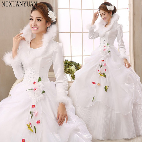 White Organza Long Sleeves Cheap Wedding Dresses 2022 Winter Warm Wedding Gowns Muslim Bridal Dress robe de soiree trouwjurk ► Photo 1/6