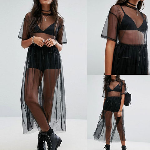 2022 Summer Volie Mesh Dresses Women See Through Black Gauze Mesh
