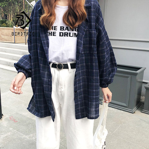 2022 New Woman Vent Vintage Plaid Shirt Single Breasted Turn down Collar Cotton Long Sleeve Button Feminina Sales T8D512Z ► Photo 1/6