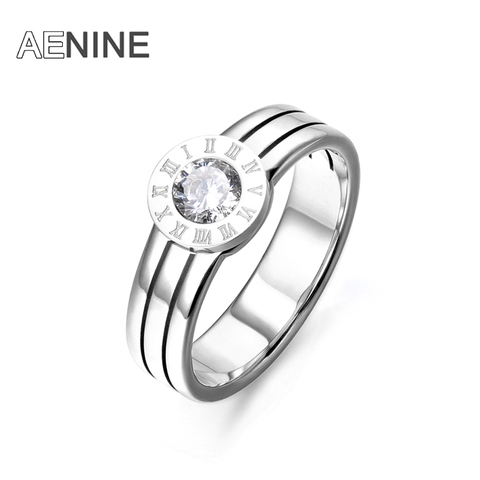 AENINE Classic Roman Numeral Pattern Round Shape CZ Crystal Stylish Titanium Steel Anniversary Wedding Women Rings AR17062 ► Photo 1/6