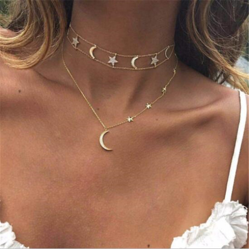 Cute Women Bijoux Double Moon Star Necklace Pendants Necklaces Layered