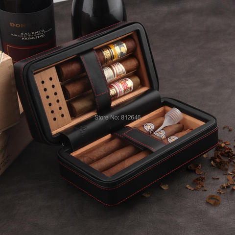 GALINER Travel Cigar Humidor Box Leather Cigar Case Set W/ Humidifier Cedar Wood Portable 4 Holder Cigar Box For COHIBA Cigars ► Photo 1/6