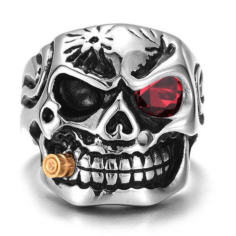 Gold Smoking Pipe Biker Men's Rings Rock Punk Skull Ring Clear Red Zircon Eye Plating Rings Men Jewelry Factory Price ► Photo 1/6
