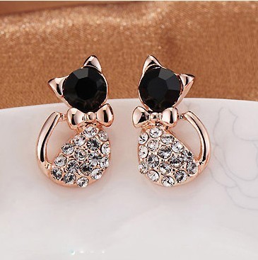 Crystal Cat Earrings Fashion Cute Rabbit ears Earrings Leaf metal personality Stud Earrings For Women Girls Gift ► Photo 1/6