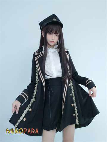 Cool Military Swallowtail Suit Winter Women's Set: Long Sleeve Tailcoat Trench + White Blouse + Cross Tie Ribbon Shorts Lolita ► Photo 1/6
