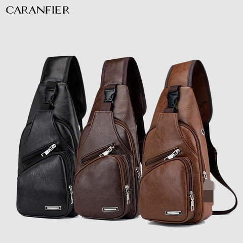 CARANFIER Mens Chest Bags Shoulder Messenger Bags PU Leather Casual Zipper Soft Male Classic Solid Color Travel Crossbody Bag ► Photo 1/6