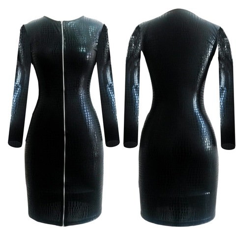 S-XXXL Women PVC Leather Dress Clothing Sexy Black Snakeskin Faux Leather Zipper Dress Summer Zipper Bodycon Dress ► Photo 1/6