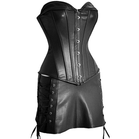 Steampunk Corset Sexy Womens Corset Dress Gothic Body Shaper Mini Skirt Dress Strapless Black Faux Leather Overbust Plus Size ► Photo 1/6