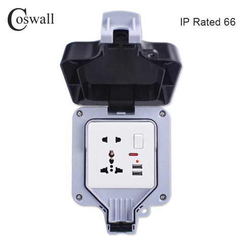 Coswall IP66 Weatherproof Waterproof Outdoor Box Wall Power Socket 1 Gang Universal / British Standard Switched Outlet With Neon ► Photo 1/6