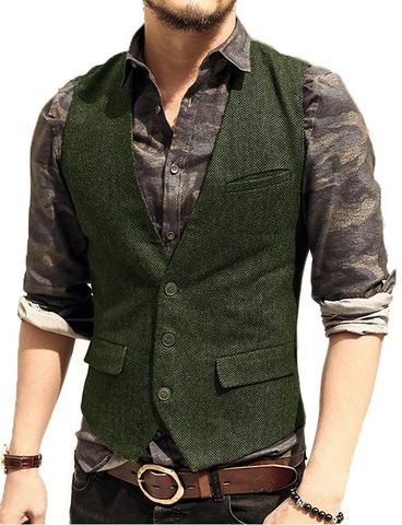 Men's Suit Vest V Neck Wool Herringbone Tweed Casual Waistcoat Formal Business Vest Groomman For Green/Black/Brown/Coffee ► Photo 1/6