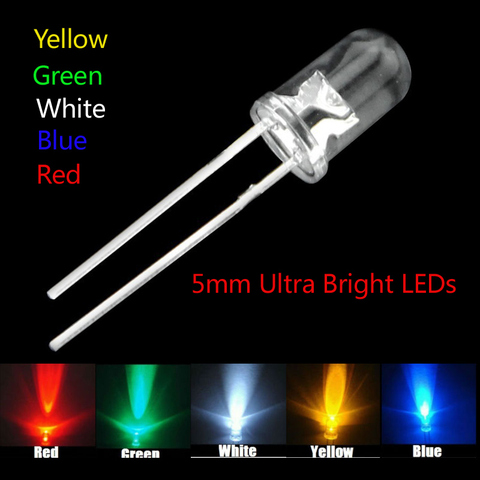 5 colors x100pcs =500pcs New 5mm Round Super Bright Led Red/Green/Blue/Yellow/White/ Water Clear LED Light Diode kit ► Photo 1/6